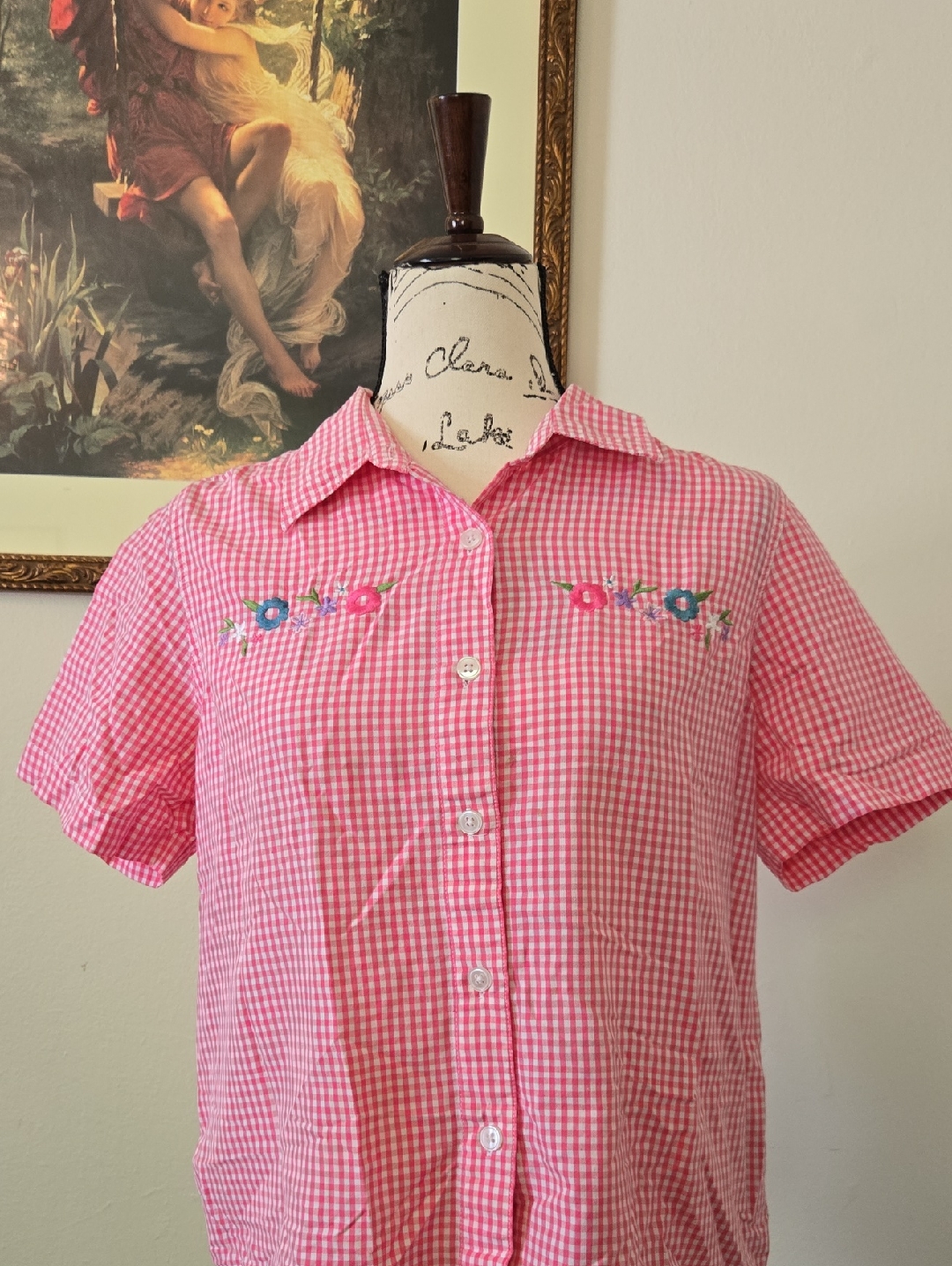 Vintage Pink Gingham Button-Up Shirt With Floral Embroidery